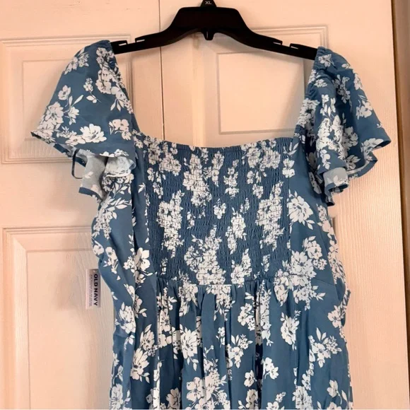 Flutter-Sleeve Crepe Midi Dress, blue with white floral, size XL NWT - Picture 5 of 10